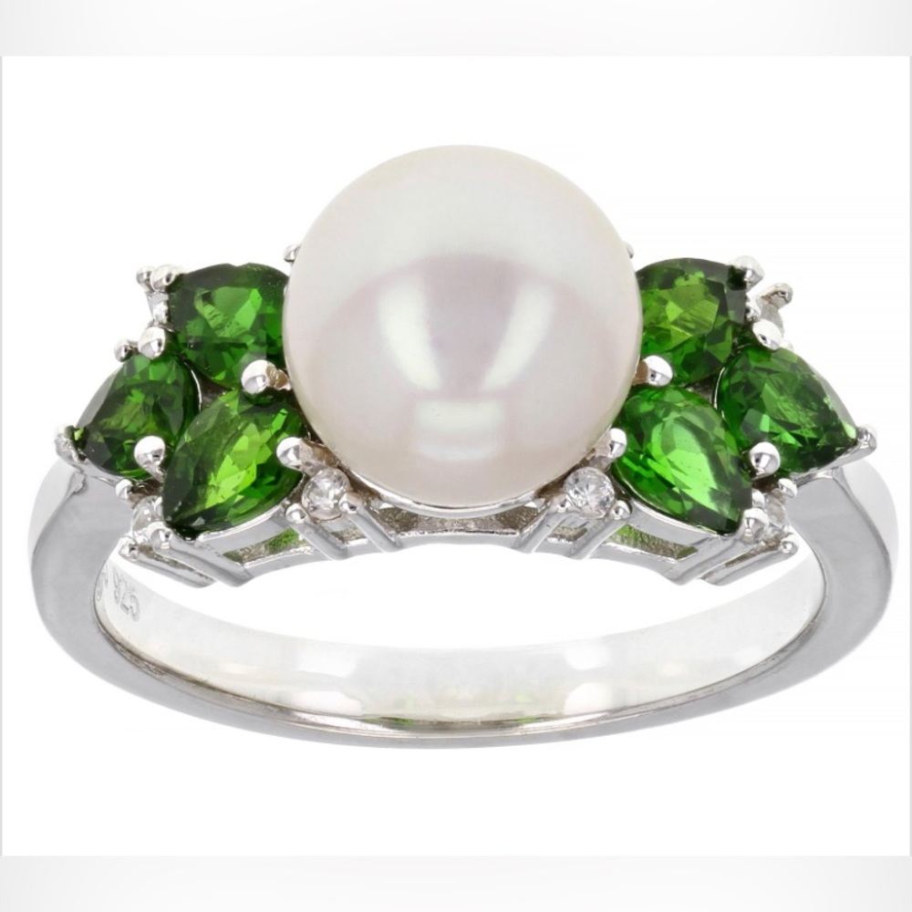 White Cultured Freshwater Pearl & Chrome Diopside, White Zircon Ring